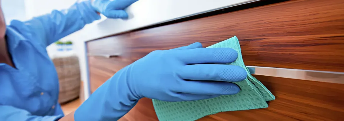 Cleaner wearing blue gloves wiping a wooden cabinet drawer with a microfiber cloth for dust and grime removal, Oakland, CA.