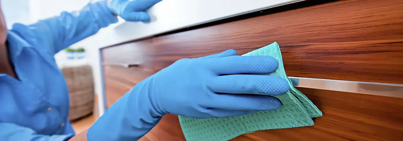 Cleaner wearing blue gloves wiping a wooden cabinet drawer with a microfiber cloth for dust and grime removal, Oakland, CA.