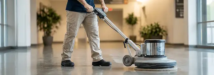 Professional technician using an industrial floor buffer to polish and maintain shiny commercial flooring in a corporate hallway in Oakland, CA.
