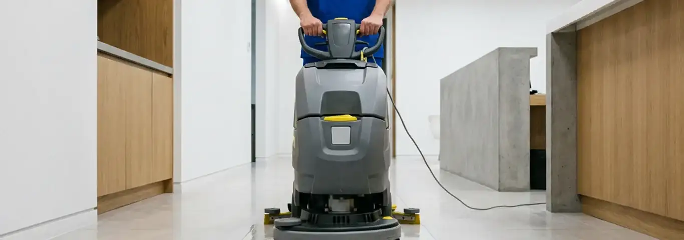 Janitorial staff using a floor scrubber machine to clean a commercial hallway, Oakland, CA.