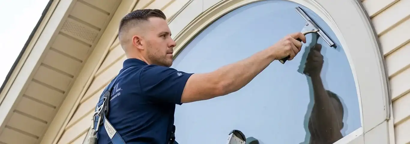 Professional window cleaner using a squeegee to clean an exterior arched window on a home, Oakland, CA.