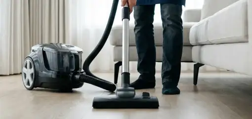 Professional house cleaner vacuuming a living room floor with a canister vacuum cleaner, Oakland, CA.