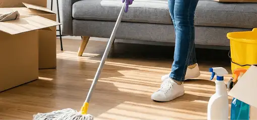 Move-out cleaning setup with a cleaner mopping hardwood floors near moving boxes and cleaning supplies, Oakland, CA.