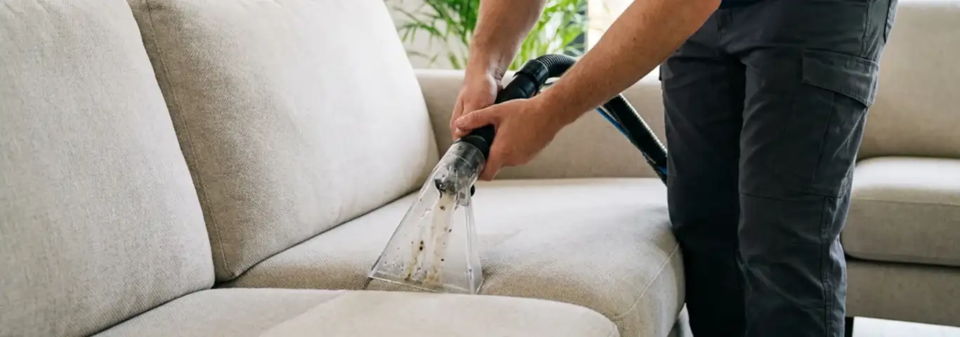 Technician extracting dirt and moisture from a fabric sofa with an upholstery cleaning wand, Oakland, CA.