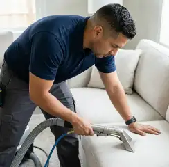 Professional upholstery cleaning technician using an extraction wand to deep-clean a fabric sofa, Oakland, CA.