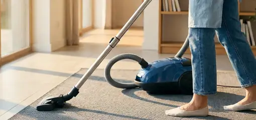 Person vacuuming a living room rug with a canister vacuum cleaner near large windows, Oakland, CA.